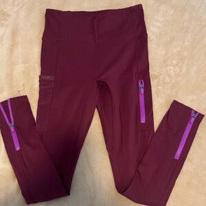 Fabletics Maroon Leggings with Purple Zippers